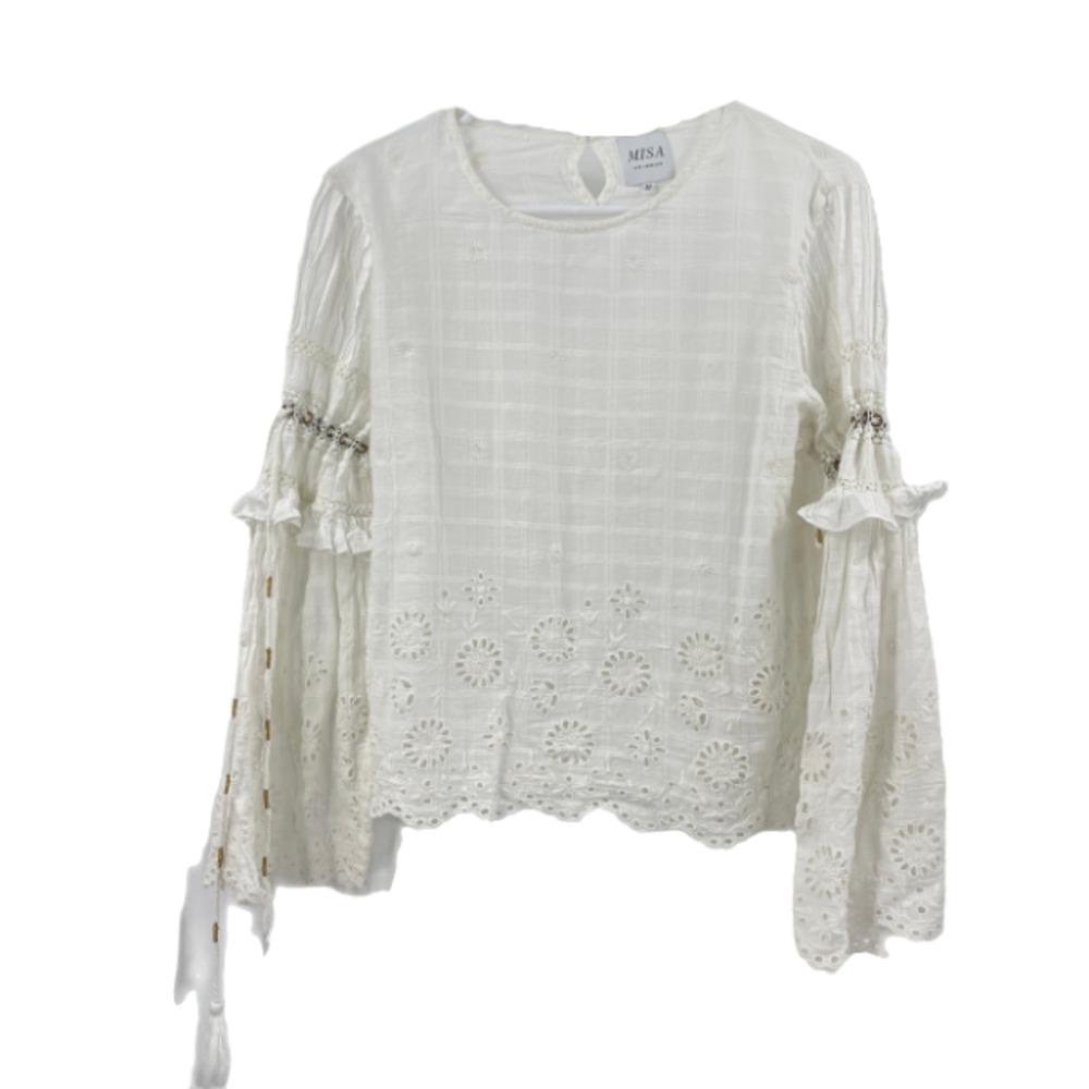 Misa Top White Eyelet Tasseled Ruffled Flare Long Sleeve Peasant Cotton Size M